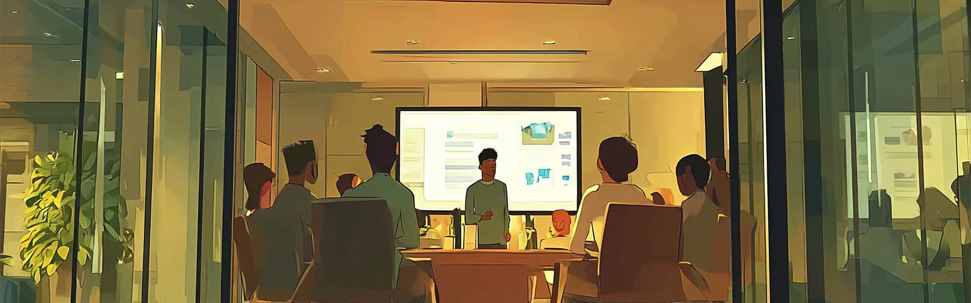 An illustration of a man making a presentation in a boardroom facing a graph of bad looking numbers.