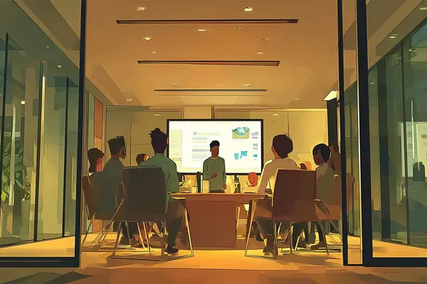 An illustration of a man making a presentation in a boardroom facing a graph of bad looking numbers.