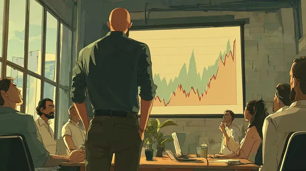 An illustration of a man making a presentation in a boardroom facing a graph of bad looking numbers.