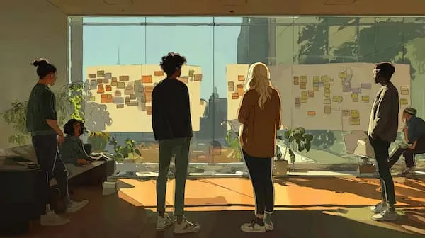 An energetic digital marketing team collaborate on an integrated marketing campaign