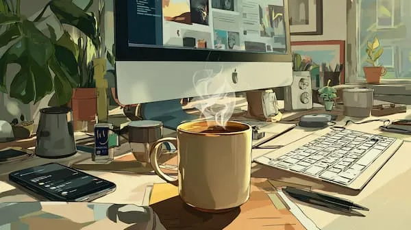 A steaming hot coffee in front of a digial marketer's desk in a modern digital agency