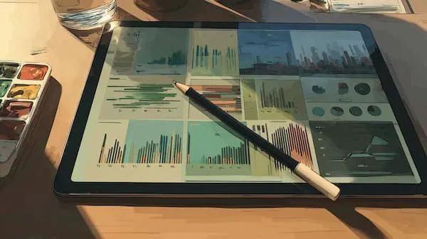 An ipad and stylus resting on a desk with google analytics data on the screen