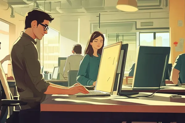 An illustration of a busy digital marketing office working on websites and digital strategies.