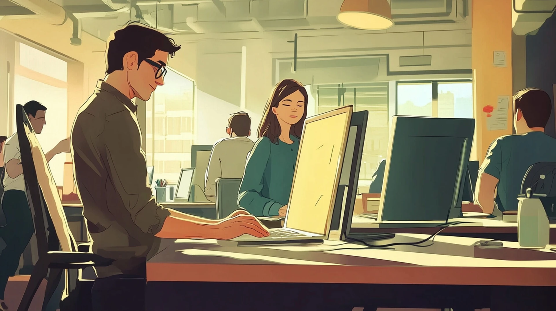 An illustration of a busy digital marketing office working on websites and digital strategies.