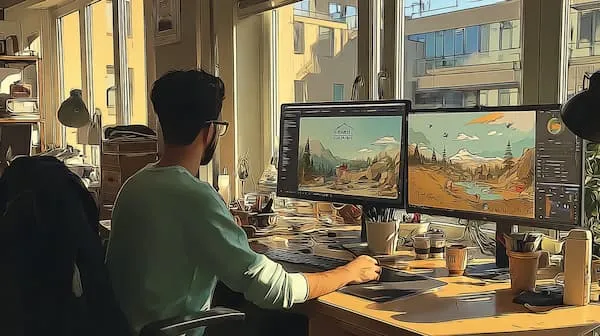 A graphic designer working on a new website design at his desk