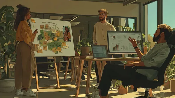 An illustration of team of three marketing experts collaborating in a modern, minimalist office in Fredericton, New Brunswick.