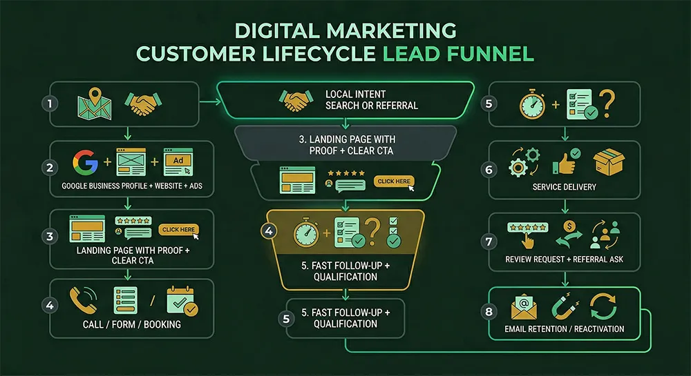 An infographic of a modern Digital Marketing Lead Funnel