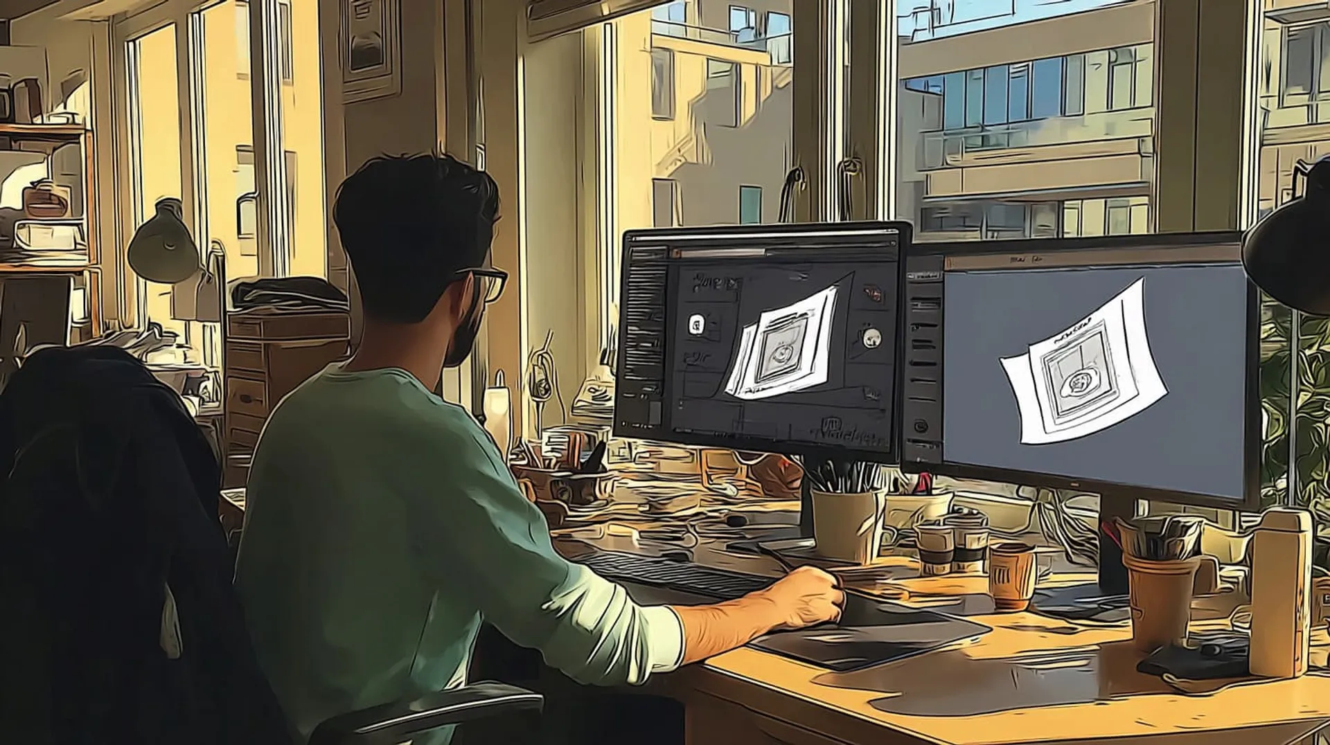 An illustration of a man at a desk working on a logo design using AI tools.