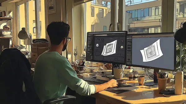 An illustration of a man at a desk working on a logo design using AI tools.