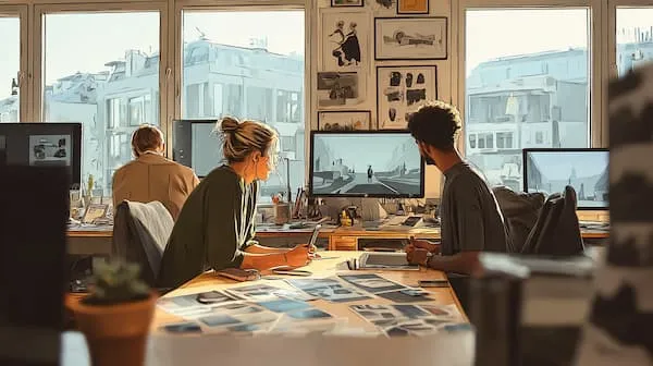 A man and a woman collaborating in front of a monitor with an AI generated image on it