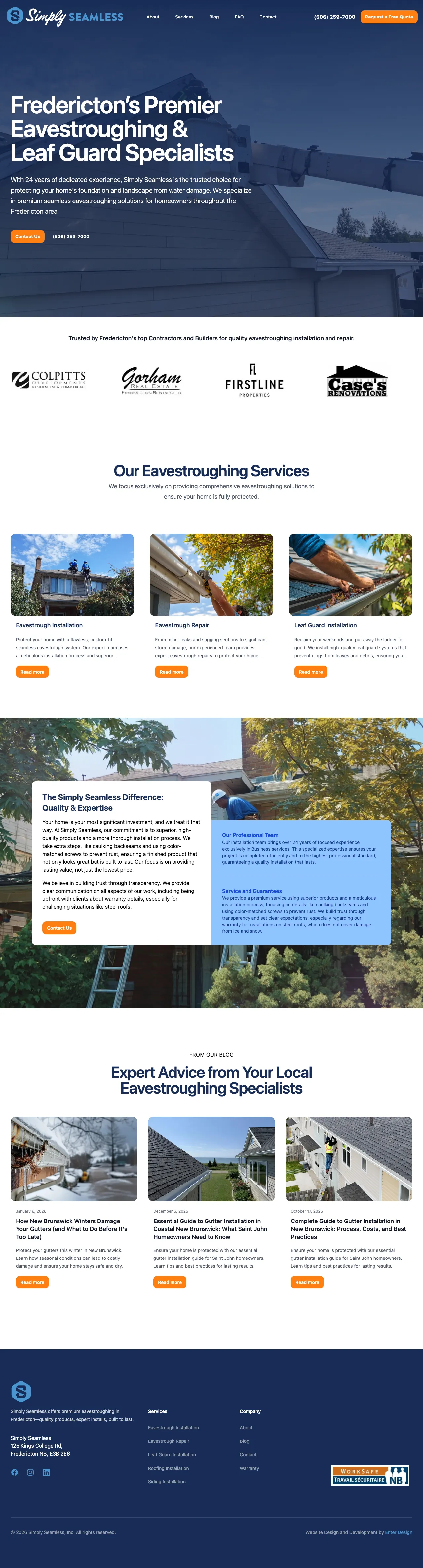 full page screenshot of the redesigned website for Fredericton based company Simply Seamless