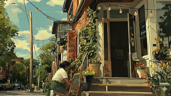 An illustration of a girl opening a small business in downtown Halifax.