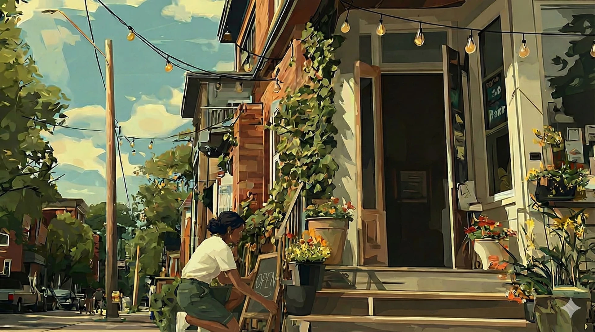 An illustration of a girl opening a small business in downtown Halifax.