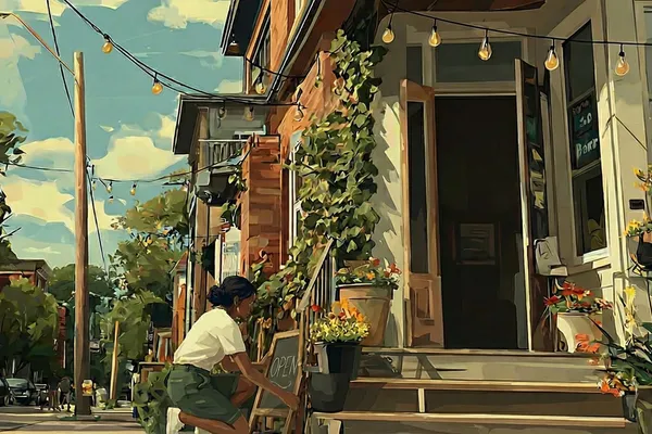 An illustration of a girl opening a small business in downtown Halifax.