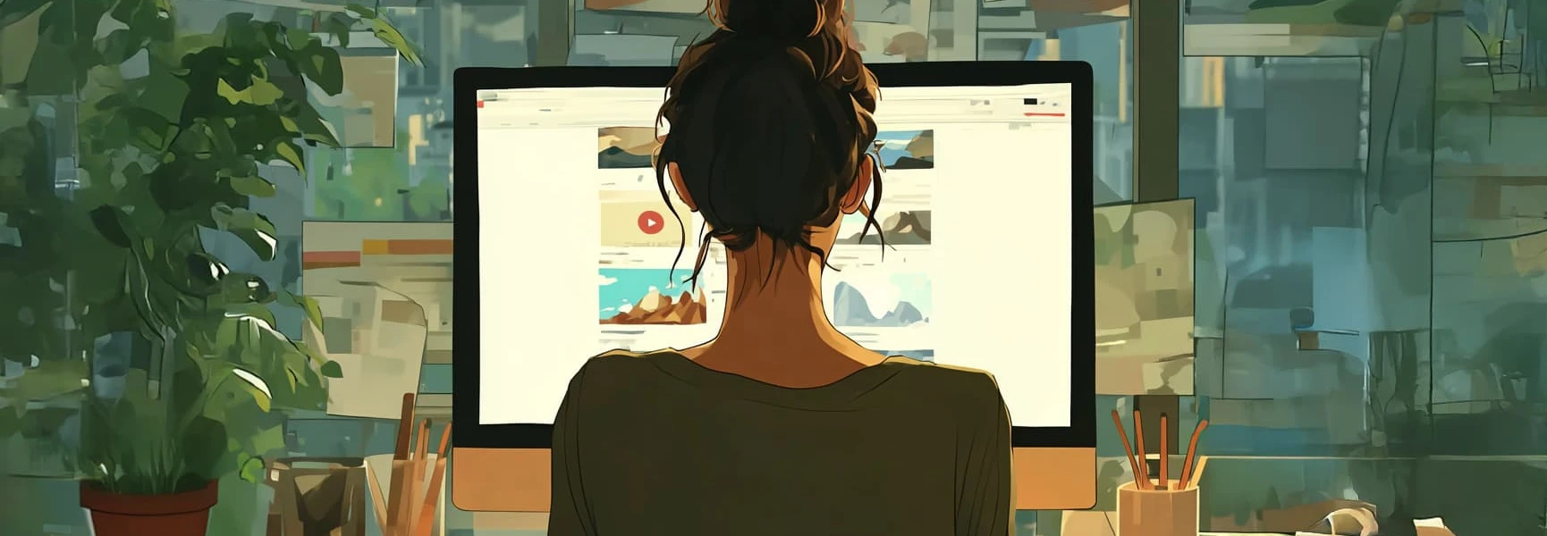 An illustration of a woman at a desk working on a Social Media Campaign.