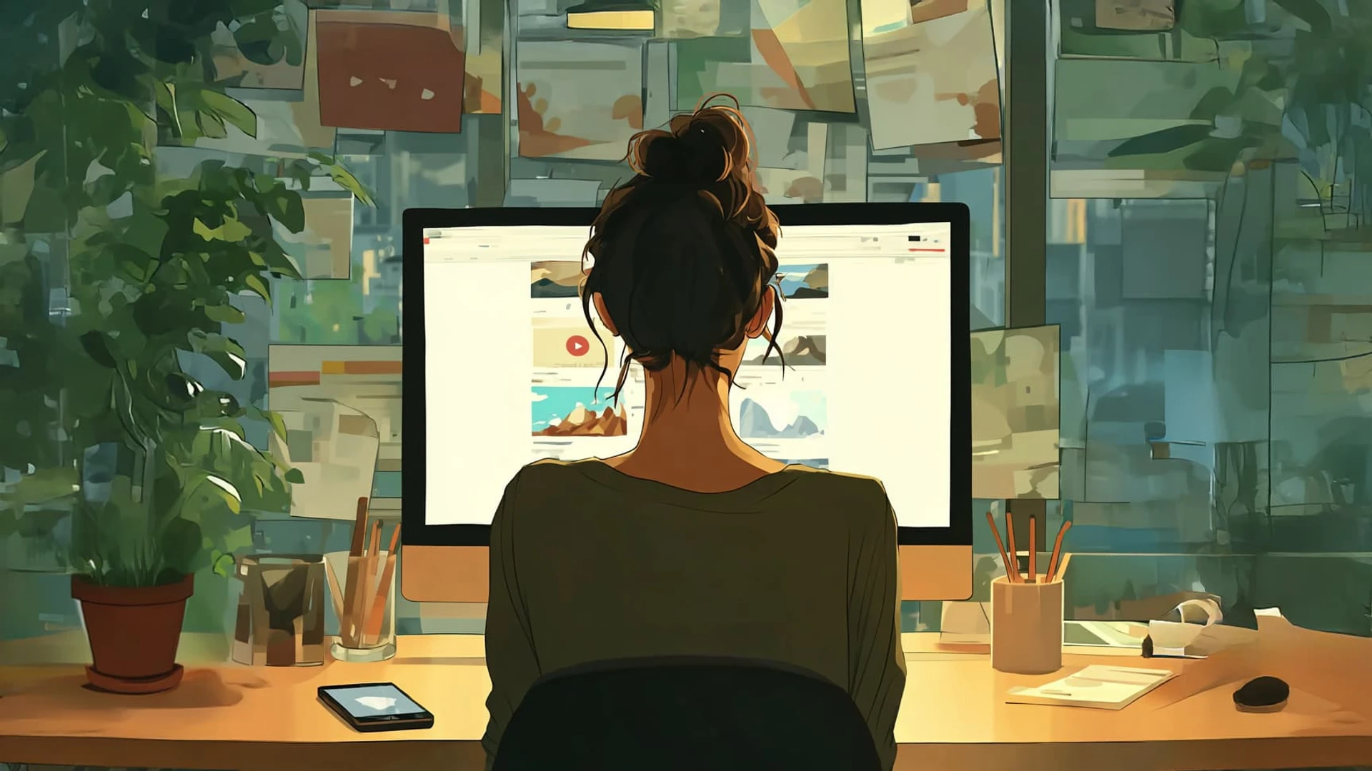 An illustration of a woman at a desk working on a Social Media Campaign.